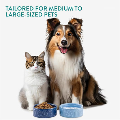 Navaris Dog Food and Water Bowl Set - 16 cm (6.3") Ceramic Bowls for Medium and Large Dogs or Big Cats - 700 ml (23.7 oz) Feeding Dish - Light Blue/Dark Blue