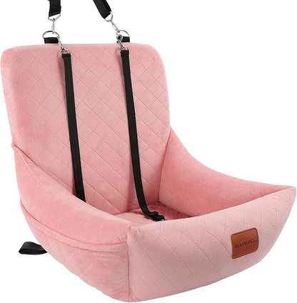 WOOAIDAGG Dog Car Seat for Small Dogs Up to 25lbs,Soft Washable Fabric Fill in Memory Foam,Easy to Assemble with 2 Clip-On Safety Leashes and Storage Pockets,Front or Back Seat are Both OK (Pink)