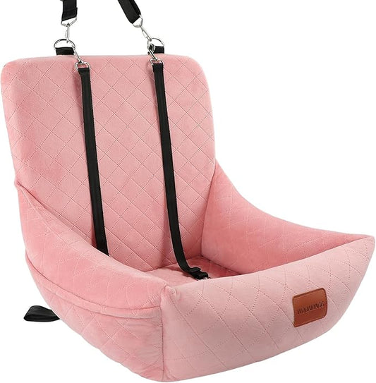 WOOAIDAGG Dog Car Seat for Small Dogs Up to 25lbs,Soft Washable Fabric Fill in Memory Foam,Easy to Assemble with 2 Clip-On Safety Leashes and Storage Pockets,Front or Back Seat are Both OK (Pink)