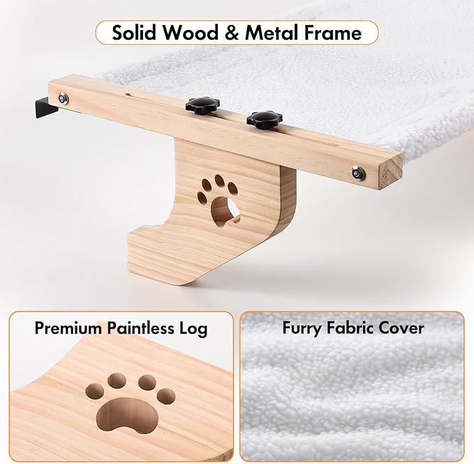 AMOSIJOY Cat Sill Window Perch Sturdy Cat Hammock Window Seat with Wood & Metal Frame for Large Cats, Easy to Adjust Cat Bed for Windowsill, Bedside, Drawer and Cabinet (24.4''-White Plush)