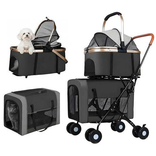 Double Pet Stroller for Dogs and Cats, One-Step Folding Dog Stroller Travel Carriage for Small Medium Dogs Cats, 2 Detachable Carrier Bags, 4 Lockable Wheels (Black)
