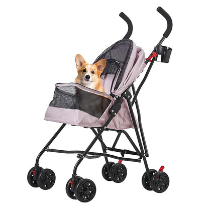 Pet Stroller Oxford Cloth Foldable Dog Strollers for Small Dogs and Cats Suitable for All Road Surfaces Wide-View Panoramic Window 4 Wheels with Brakes Portable Design, Easy to Store (Pink)