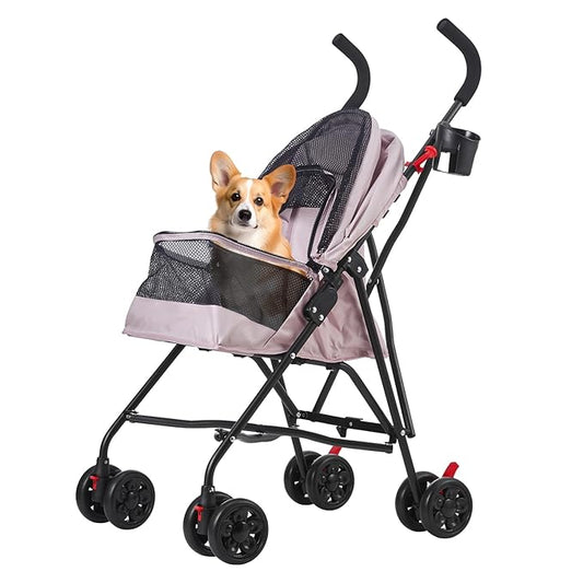 Pet Stroller Oxford Cloth Foldable Dog Strollers for Small Dogs and Cats Suitable for All Road Surfaces Wide-View Panoramic Window 4 Wheels with Brakes Portable Design, Easy to Store (Pink)