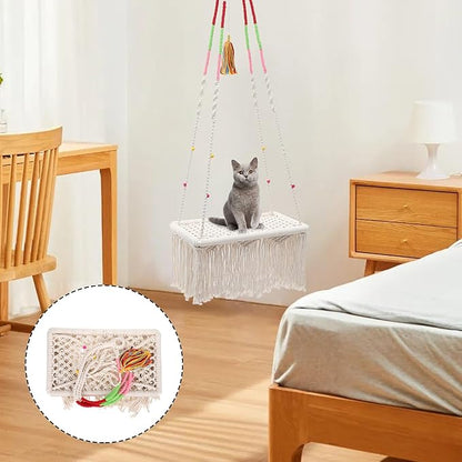 Hanging Cat Hammock Bed Macrame Pet Cat Bed with Tassel Decorative Kitten Swing