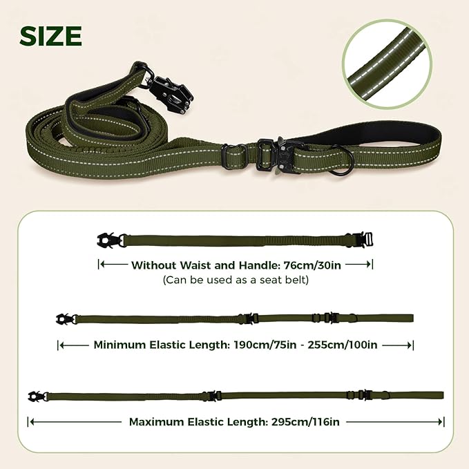 Detachable Heavy Duty Tactical Dog Leash, 9.7FT Hand-Free Bungee Shock Absorption Leash with Padded Handle Quick Release Metal Clip Car Seatbelt No Pull Training Lead for Large Medium Dogs (Green)