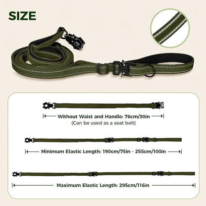 Detachable Heavy Duty Tactical Dog Leash, 9.7FT Hand-Free Bungee Shock Absorption Leash with Padded Handle Quick Release Metal Clip Car Seatbelt No Pull Training Lead for Large Medium Dogs (Green)