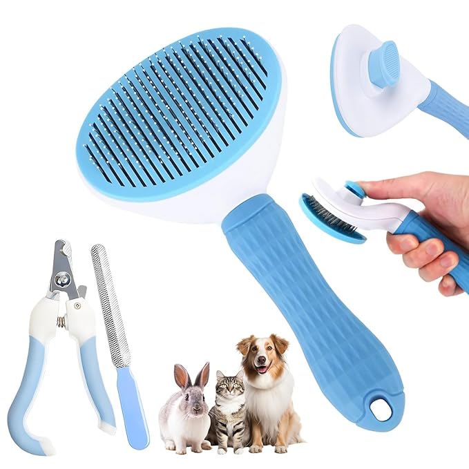 Aglads 3PCS Cat Rabbit Bunny Dog Grooming Kit, Self-Cleaning Slicker Cat & Dog Brush for Shedding, Fine-Needle Comb, Pet Nail Clipper & File for Long/Short-Haired Pets, Easy to Remove Loose (3, blue)