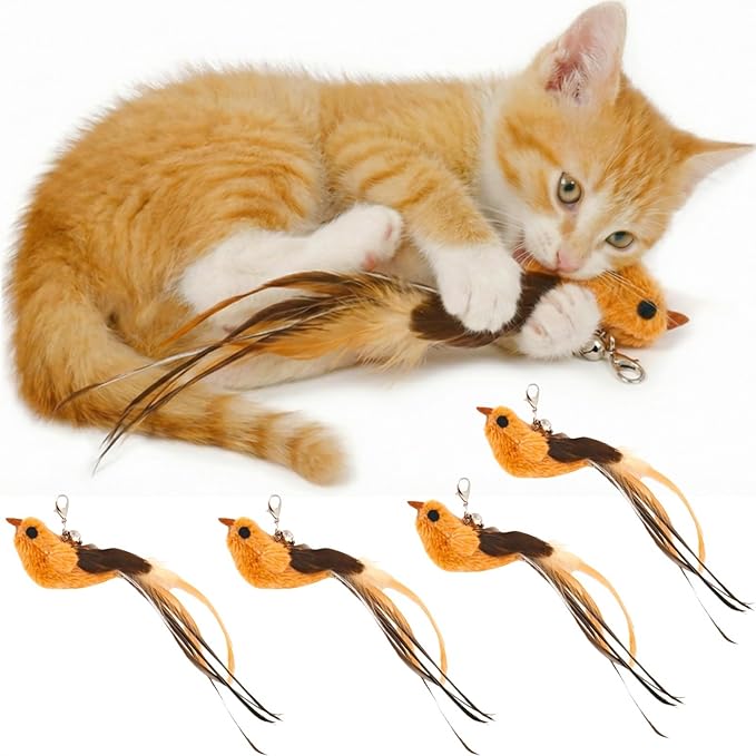 4 Bird Cat Wand Toy Refill for Indoor Cats, Interactive Birds Simulation Set,Door Hanging Feather Cat Toys String Wand Replacement Attachments