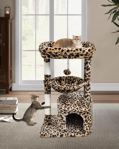 SYANDLVY Small Leopard Print Cat Tree for Indoor Cats, Cat Tower with Scratching Post, Modern Cat House with Padded Perch, Kittens Condo with Cradle, Cat Cave