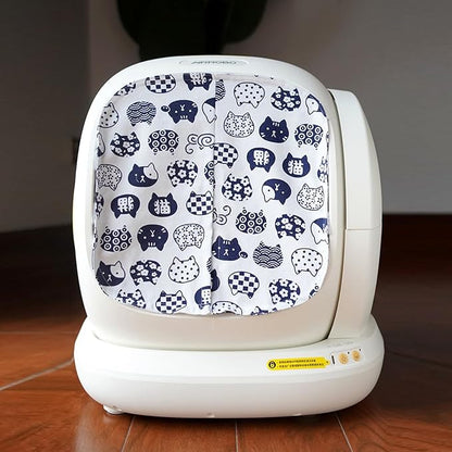 Curtain for Self Cleaning Cat Automatic Litter Box, Reduces Bounce, Stops Odors from The Litter Box Self Cleaning, Large-Diameter Trays Also Suitable.(White Cat)