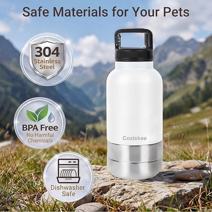 3-in-1 Dog Water Bottle Portable, 32oz Insulated Stainless Steel Pet Water Dispenser with 2 Detachable Travel Dog Bowls for Water & Food, Leak-Proof Puppy Water Bottle for Hiking, Walking (White)