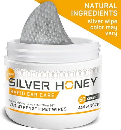 Silver Honey Rapid Ear Care Vet Strength Pet Wipes, 50ct, Manuka Honey & MicroSilver BG