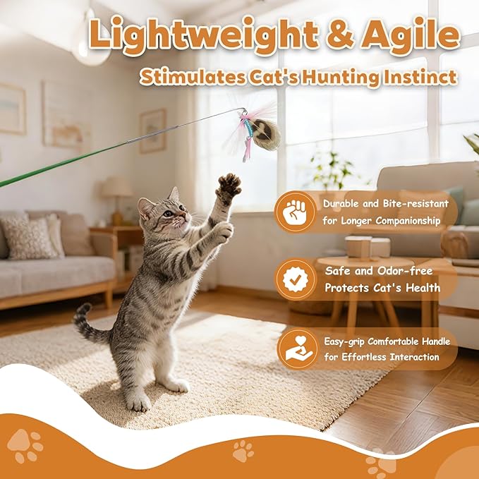 Long 30in - Cat Wand Toy - with Spring Top - Include Cat Wand and 6PCS Feather Insects Refills