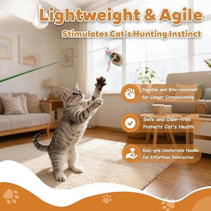 Long 30in - Cat Wand Toy - with Spring Top - Include Cat Wand and 6PCS Feather Insects Refills