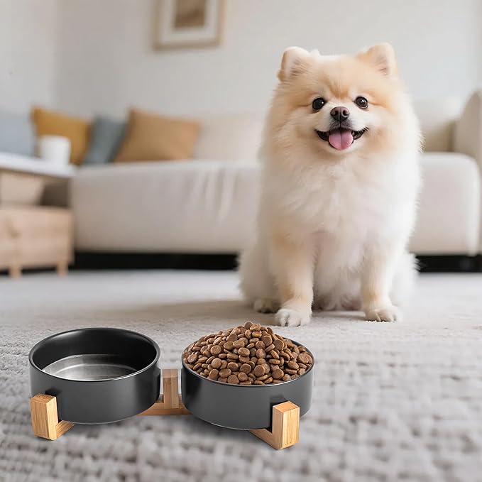 Kimdio Ceramic Dog Bowls with Wood Stand, 13.5OZ Pet Bowls Set of 2 for Medium Small Dogs and Cats - Non-Slip Base Cute Pet Food & Water Basic Bowls Glaze Matte-Black