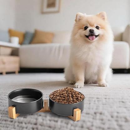 Kimdio Ceramic Dog Bowls with Wood Stand, 13.5OZ Pet Bowls Set of 2 for Medium Small Dogs and Cats - Non-Slip Base Cute Pet Food & Water Basic Bowls Glaze Matte-Black