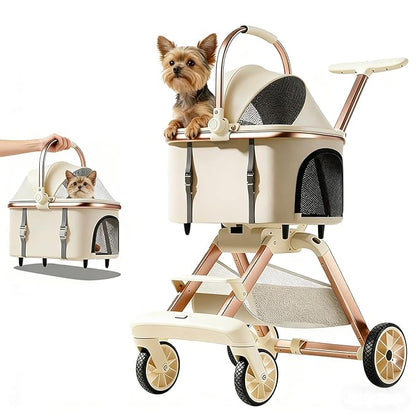 All-Terrain Pet Stroller for Small Medium Dogs & Cats, 30 lbs Capacity - Portable Carrier with One-Touch Brake, Lightweight Foldable Design & Shock Absorption Wheels,Khaki