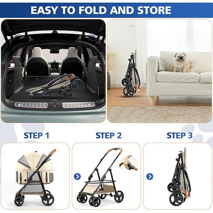 4 Wheels Pet Stroller for Small/Medium Dogs and Cats,Dog Stroller with Detachable Carrier and Storage Basket,One Click Folding, Compact Portable,Up to 50lbs,3 in1 Multifunctional(Khaki)