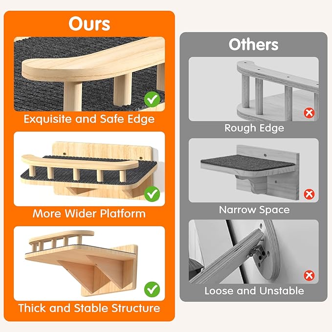 Cat Wall Shelves with 3 Steps, Floating Cat Shelves for Wall with Wide Perch, Modern Wood Wall Mounted Furniture up to 15lbs, Climber Shelf for Small/Medium Cats Sleeping,Jumping, Playing