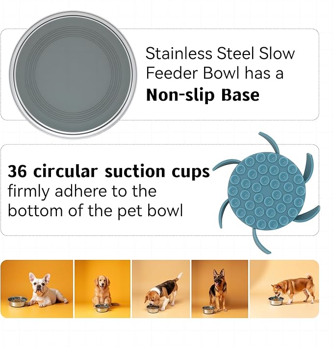 2 in 1 Slow Feeder Dog Bowl with Removeable Silicone Feeder Insert, Stainless Steel Pet Bowl, Non-Slip Rubber Base for Small Medium Dog Cat (3.2 Cups)