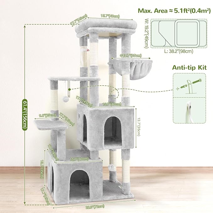 Globlazer Cat Tower for Indoor Cats, Heavy Duty Cat Trees for Large Adult Big Cats Maine Coon Cat Tree Tower with Scratching Post, Extra Large Top Perch, Cat Condos, F61, Cloud Grey, 61inch