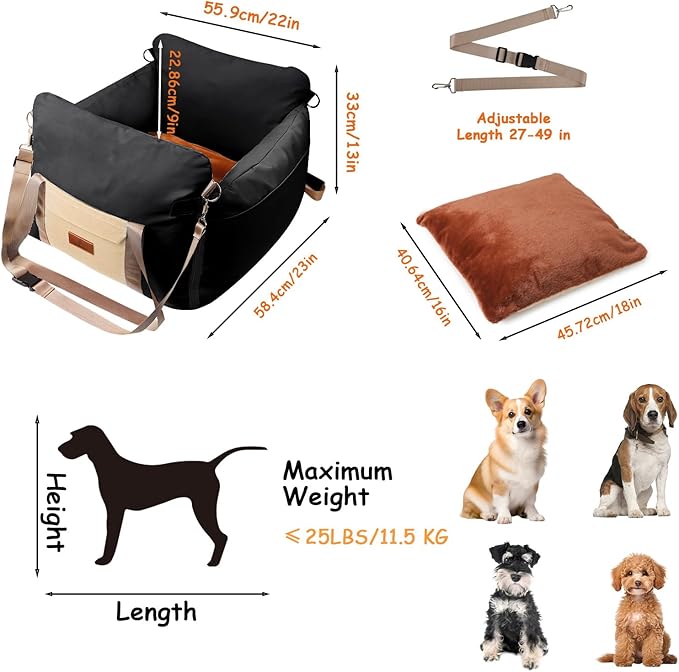 Dog Car Seats for Small Dogs, 2-in-1 Pet Booster Seat with Side-Zip Expandable Bed, Handles and a Storage Pocket, Clip-On Safety Leash and PP Cotton Filling, Vehicle Bed for Puppy up to 25 lbs (Black)