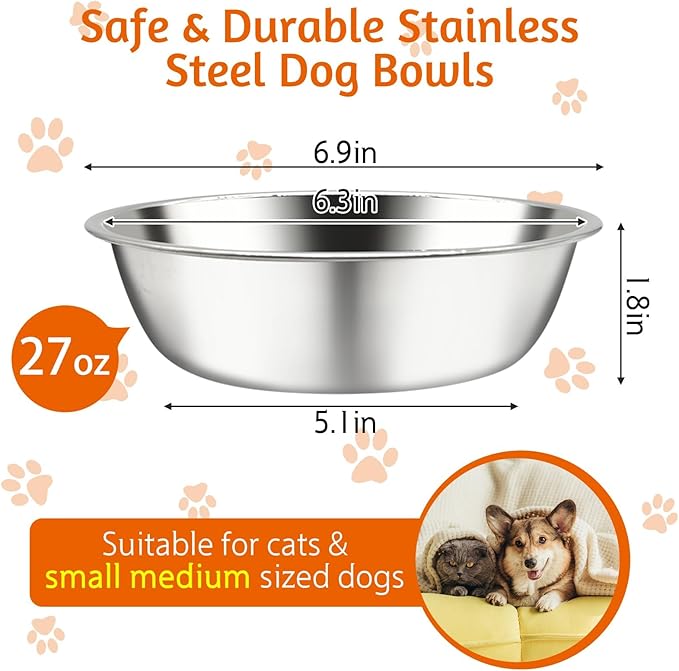 kathson 6 PCS Stainless Steel Dog Bowls, Replacement Metal Pet Puppy Food Water Bowl Set Suit for Indoor, Travel, Kennel, Dog Feeding Dishes for Small, Medium, Large Dogs, Dishwasher Safe (6.9 Inch)