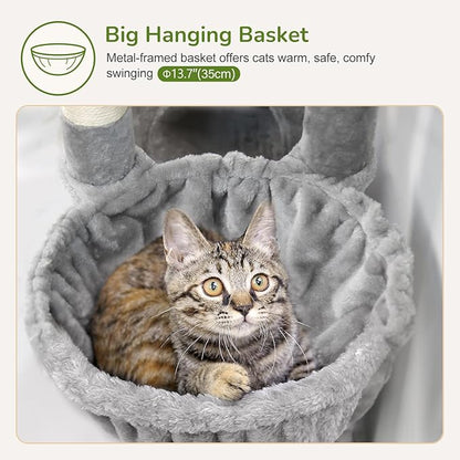 Globlazer Cat Tree Tower with 2 Cat Condos for Multiple Indoor Cats, 52in Multi-Level Plush Cat Condo Tower with 5 Sisal Scratching Posts, 2 Padded Perches, Big Basket, Widened Base, S52, Light Grey