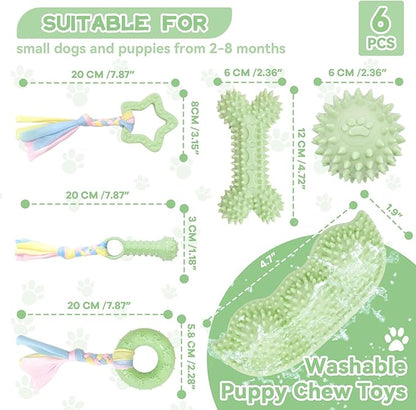 Petcare 6 Pack Small Dog Toys for Small Breed, Cute Green Puppy Teething Toys, Rubber Chew Toys, Essentials to Keep Them Busy, Best Pet Birthday Dog Toys
