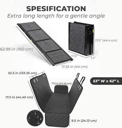 Dog Ramp for Car Travel Bundle – 63” Foldable Non-Slip Dog Ramp + Waterproof Back Seat Cover + 15 Poop Bags – Complete Pet Travel Set for SUV, Truck & Car – Safe Access, Clean Seats, Easy Trips