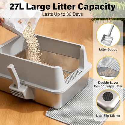 Stainless Steel Litter Box with Lid, XLarge Metal Litter Box for Big Cats, High-Sided Cat Litter Boxes for Anti Urine Splash, Odor Control, Non-Stick & Easy to Clean, Includes Scoop and Mat