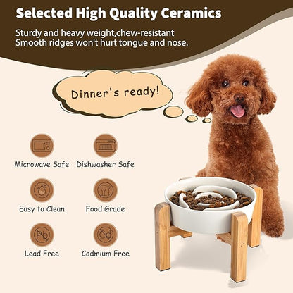 Elevated Slow Feeder Dog Bowl - Ceramic Maze Food Dish with Bamboo Stand - Raised Feeding Bowl for Fast Eaters - Ideal for Small and Medium Dogs - Milky White - 6.7 inch