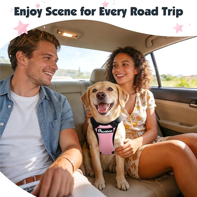 Pawaboo Dog Seat Belt Harness for Car, Dog Car Harness Seatbelt with Double Clips, Adjustable Breathable Pet Vest & Dogs Safety Tether with Elastic Bungee for Small Medium Large Pet, S, Pink + Black