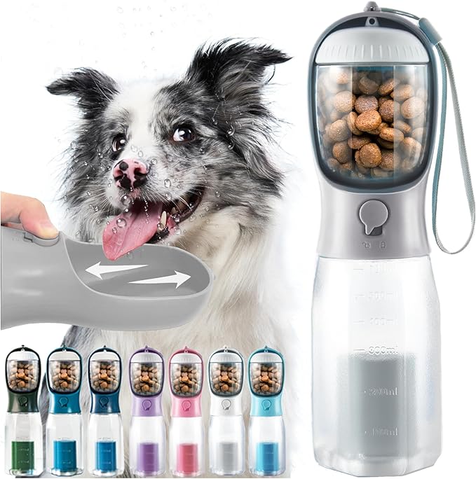 Portable Water Bottle for Dogs, 3 in 1 Pet Travel Bowl Dispenser with Food Treat Container & Poop Bag Holder, Summer Outdoor Walking Hiking Accessories for Large Dog On The Go - Gray, 20oz