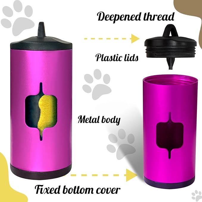 Metal Dog Poop Bag Holder w/Leash Clip|Durable Scratch-Resistant Aluminum|15 Bags+3 Accessories(Pink)