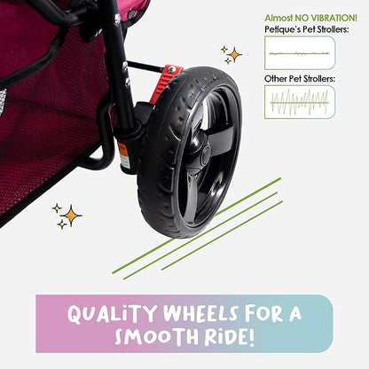 Petique Durable Pet Stroller, Easy Fold, Quality mesh Windows, Large Storage Basket, Secure Cup Holder Tray, for Small to Medium Dog, Cat, Bunny, Supports Pets up to 55LBS - RAZZBERRY