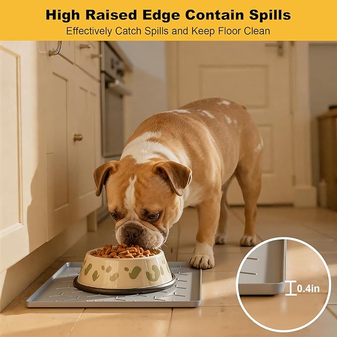 Pieviev 16''x12'' Dog Cat Food Bowl Mat, Silicone Waterproof Food Grade Pet Food Mat for Floor, High Raised Edge to Prevent Spills, Non-Slip & Easy Clean Pet Placemat for Dog & Cat Bowls, Light Gray