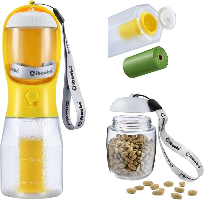 Cibaabo Dog Water Bottle with Food Container & Poop Bag Holder, Travel Water Bowl, Portable Pet Dispenser, Dog Gifts Stuff Accessories Items, Puppy Essentials for Yorkie Chihuahua Walking Hiking
