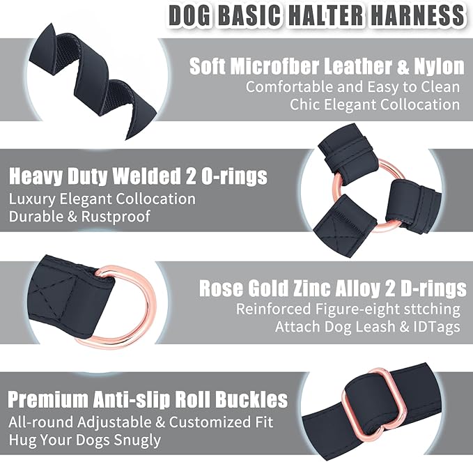 Soft Leather No Pull Dog Harness - Adjustable Step in Dog Harness with Rose Gold Heavy Duty Metal Buckle, Freedom Nylon Dog Halter Vests for Small Medium Large Dogs Easy Walking Training (Black,S)