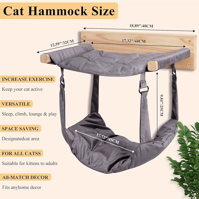 JSPYFITS Wooden Cat Wall Hammock, 18.9 x 12.6 Inch Double Layer Cat Furniture Hammock, Large Removable Multi-Function Cats Bed for Sleep/Play/Climb/Lounge Easy DIY Installation(Grey)