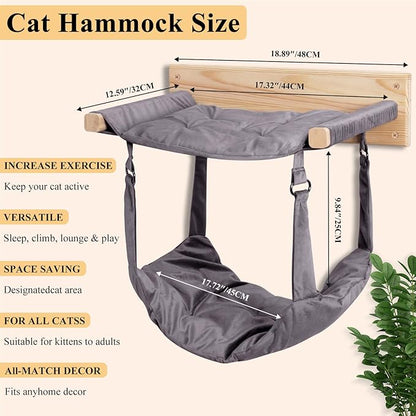 JSPYFITS Wooden Cat Wall Hammock, 18.9 x 12.6 Inch Double Layer Cat Furniture Hammock, Large Removable Multi-Function Cats Bed for Sleep/Play/Climb/Lounge Easy DIY Installation(Grey)