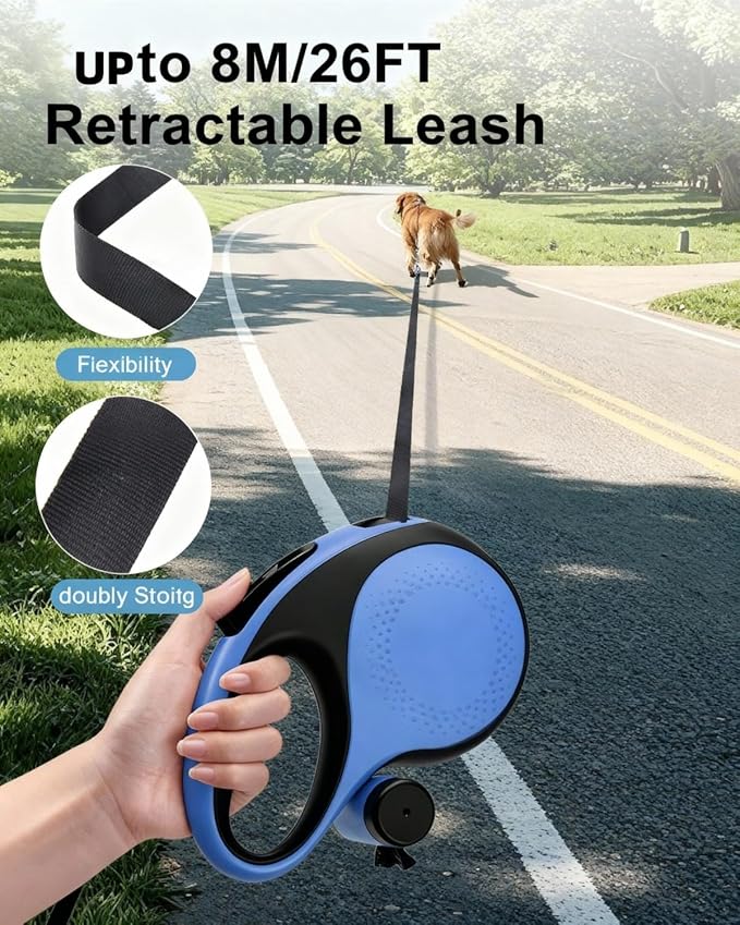 26FT Heavy Duty Retractable Dog Leash for Large Dogs Up to 110lbs,Chew Proof Nylon,360° Tangle-Free,One-Hand Brake Lock,Anti-Slip Grip,Extendable Leash with Poop Bag Holder (Blue)