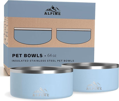 ALPINE Set of 2 Stainless Steel Dog Bowls, Non Slip, Metal Pet Bowl for Food and Water, Double Walled Insulated, Rustproof, Dishwasher Safe (64 oz, Sky Blue)