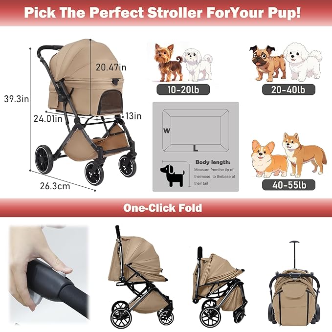 Small Dog Stroller, Pet Stroller for Small Dogs up to 55lbs- Fold All in One Without Detaching Carrier, Cat Stroller with Reversible Handle,Cup Holder (Khaki)