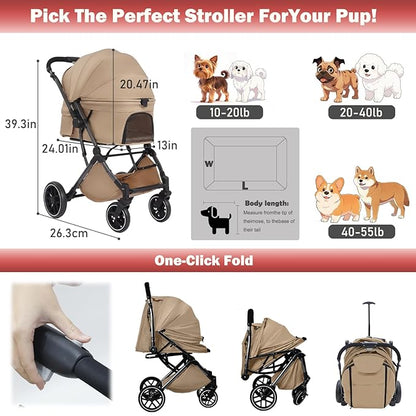 Small Dog Stroller, Pet Stroller for Small Dogs up to 55lbs- Fold All in One Without Detaching Carrier, Cat Stroller with Reversible Handle,Cup Holder (Khaki)