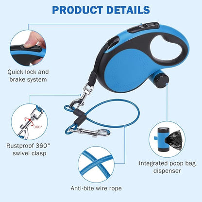 SCENEREAL Retractable Dog Leash for Small Medium Large Dogs up to 110lbs, 26ft 360° Tangle-Free Nylon Tape with Anti-Chewing Wire Rope&Waste Bag Dispenser, Heavy Duty Long Durable One-Handed Brake