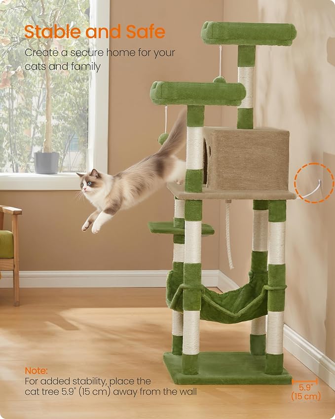 Feandrea Cat Tree, 56.3-Inch Cat Tower, Multi-Level Plush Condo with 11 Scratching Posts, 2 Perches, Hammock, Cave, Grass Green and Camel Brown UPCT015CB02