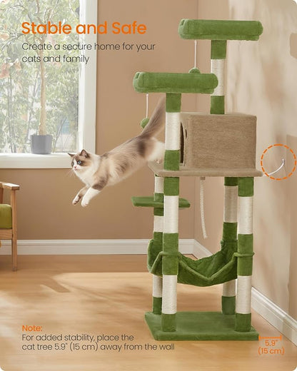 Feandrea Cat Tree, 56.3-Inch Cat Tower, Multi-Level Plush Condo with 11 Scratching Posts, 2 Perches, Hammock, Cave, Grass Green and Camel Brown UPCT015CB02
