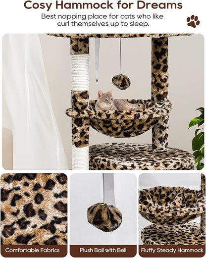 SYANDLVY Small Leopard Print Cat Tree for Indoor Cats, Cat Tower with Scratching Post, Modern Cat House with Padded Perch, Kittens Condo with Cradle, Cat Cave