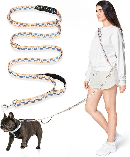 Hands Free Dog Leash, 8.5ft Adjustable Hands Free Leash for Medium Dogs, Versatile Handheld Crossbody Waist Lead with 3 Rings, for Running Jogging Walking, Sponge Handle, Geometric Orange
